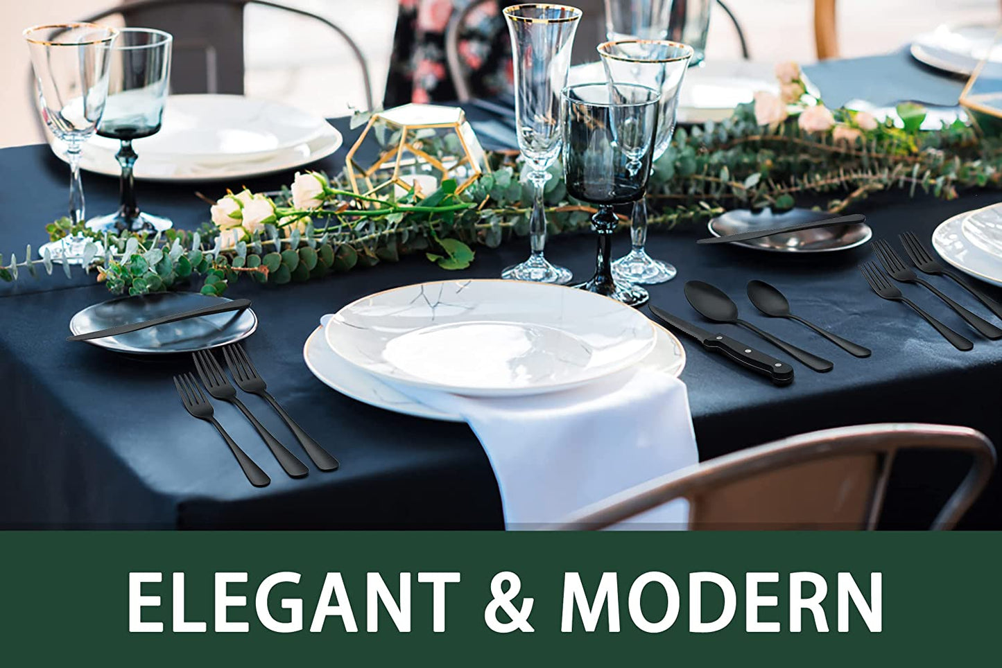 24-Piece Black Silverware Set with Steak Knives, Flatware for 4, Food-Grade Stainless Steel Tableware Cutlery Set, Mirror Finished Utensil Sets Home Restaurant