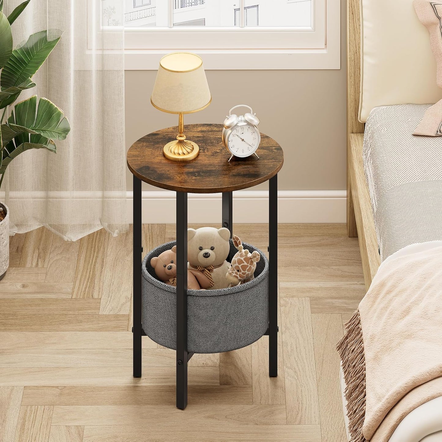 round Side Table End Table with Storage Basket, Small Side Table round Nightstand for Small Spaces, Tall Oval End Table with Steel Frame, Coffee Bedside Table for Living Room Bedroom, Greige