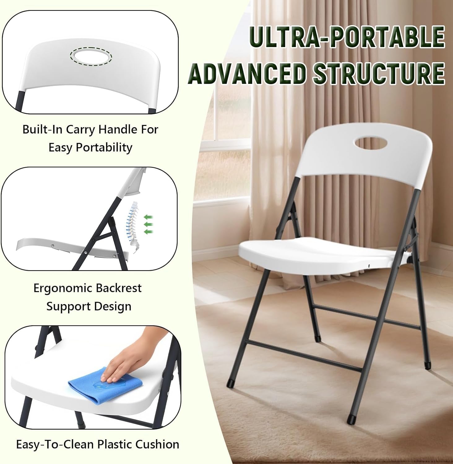 Folding Chair 4 Pack, Outdoor Plastic Sturdy Metal White Folding Chairs for outside Indoor, Portable 350 Lbs Capacity Heavy Duty Foldable Commercial Seating for Picnic, Party, Patio