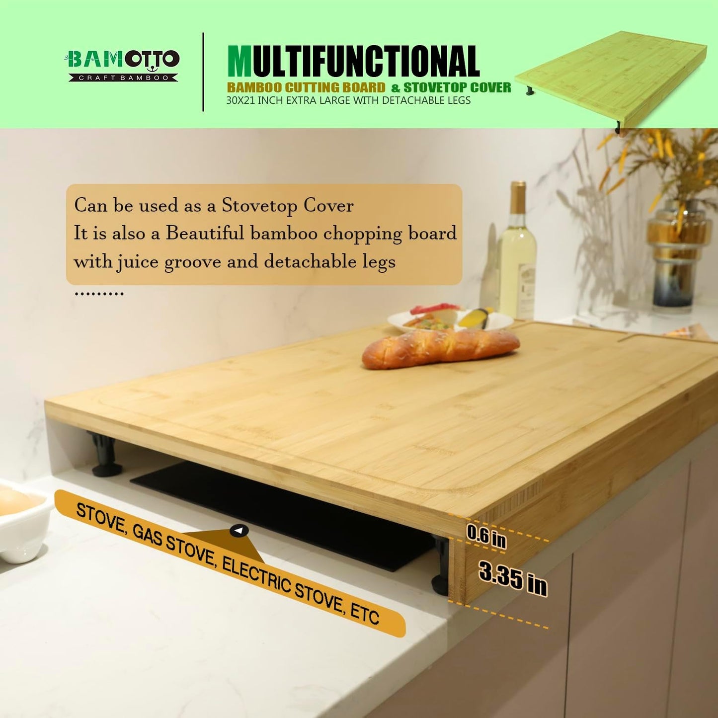 30 X 21 in Extra Large Bamboo Cutting Board and Stovetop Cover, Stove Top Cover Chopping Board with Detachable Legs and Juice Groove, Sink Cover Board, for Restaurant Kitchen Countertop