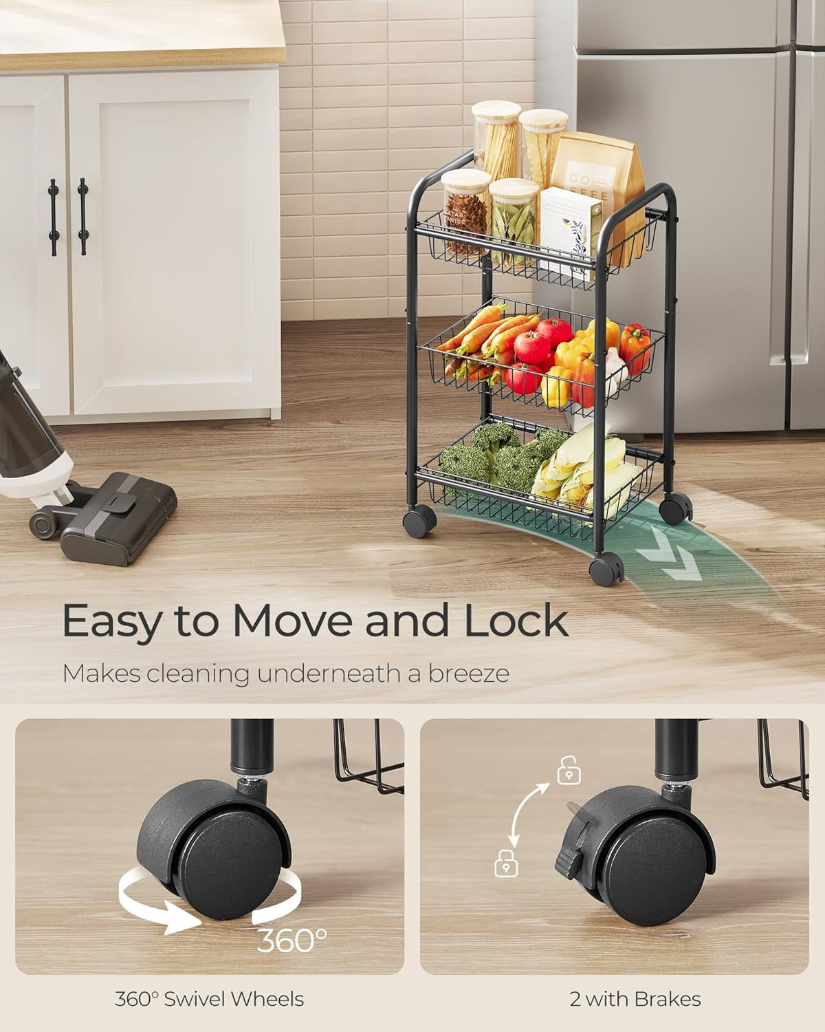 3-Tier Metal Rolling Cart on Wheels with Baskets, Lockable Utility Trolley with Handles for Kitchen Bathroom Closet, Storage with Removable Shelves, Black UBSC03BK