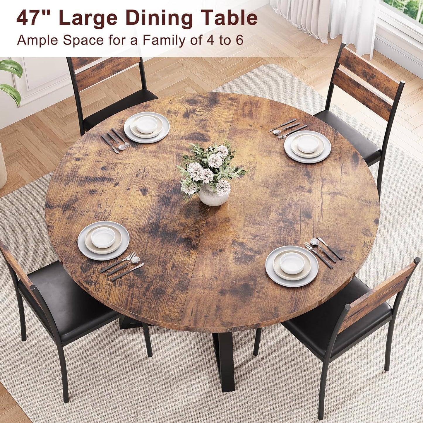 Vintage round wood pedestal dining table for four, view 7