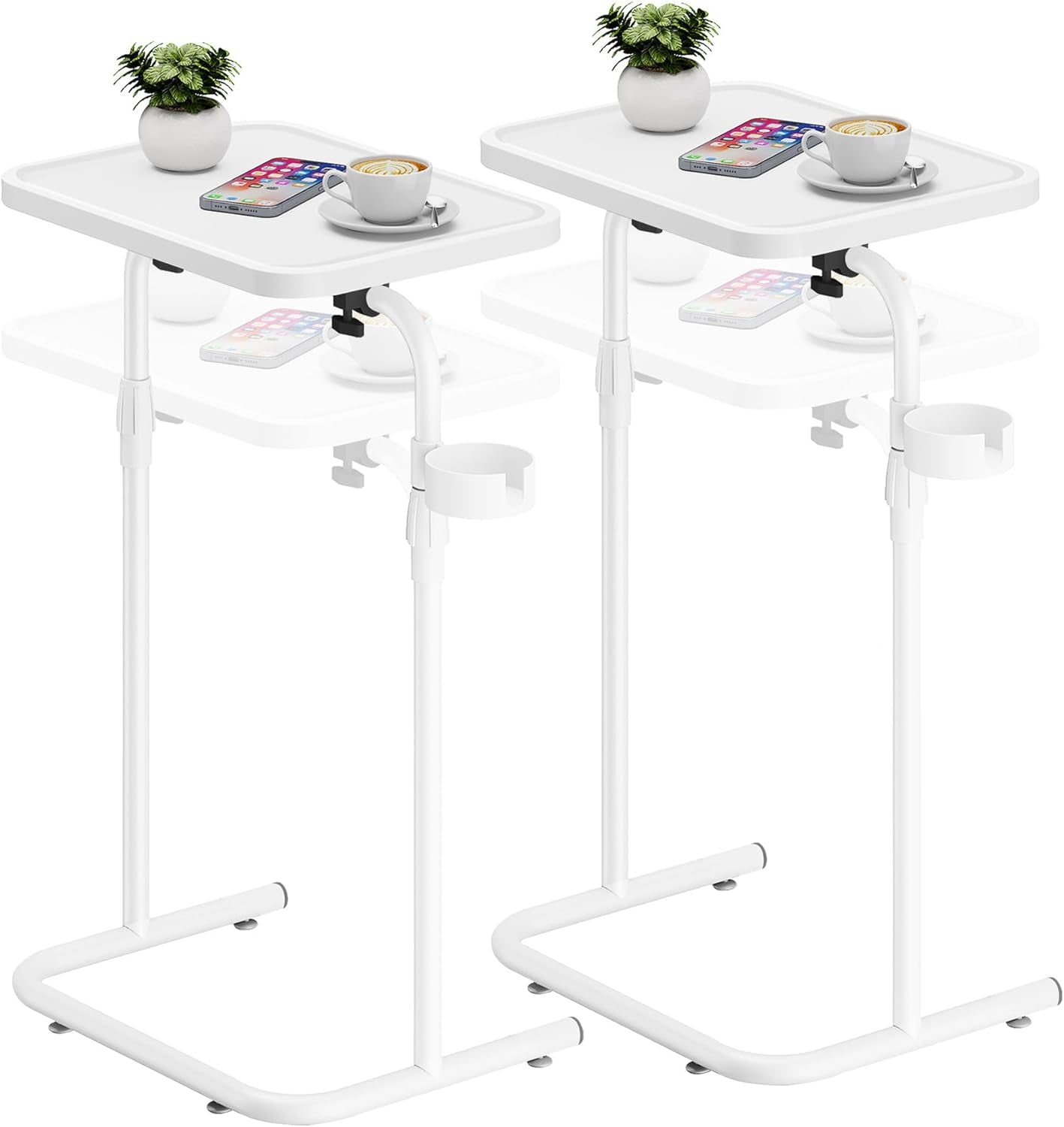 C Shaped End Table with Tiltable Surface, Set of 2, Adjustable Height Side Table, Slide under Couch Table TV Tray for Eating, Sofa Tray for Livingroom, Bedroom White TB01BW0912