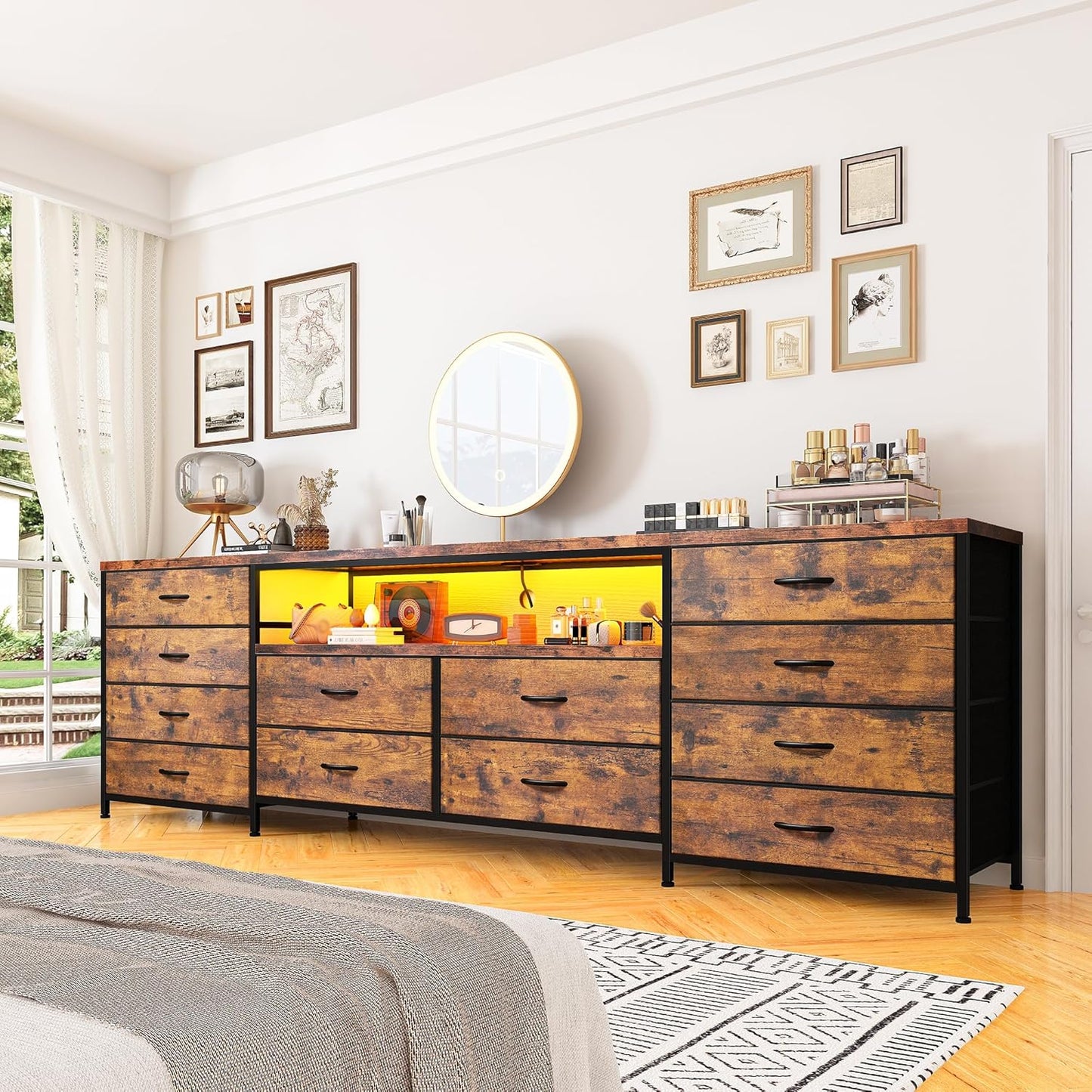 Fits 65,70 Inch Tv Stand, 63" W Entertainment Center with LED Lights & Power Outlets, 12 Long Fabric Dresser for Bedroom, Hallway, Rustic Brown
