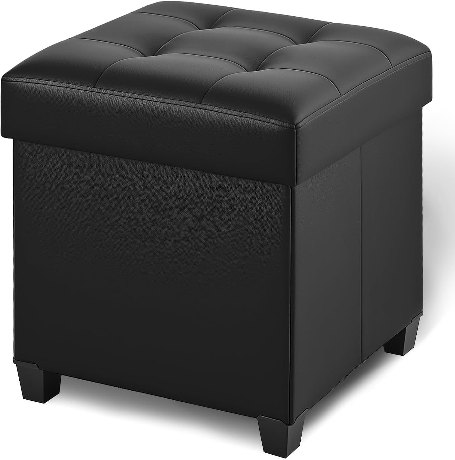 17.7" Square Ottoman with Storage, Storage Ottoman Foot Stool with Lid & Solid Wood Legs, Leather Ottomans for Living Room, Bedroom, Dorm, Black
