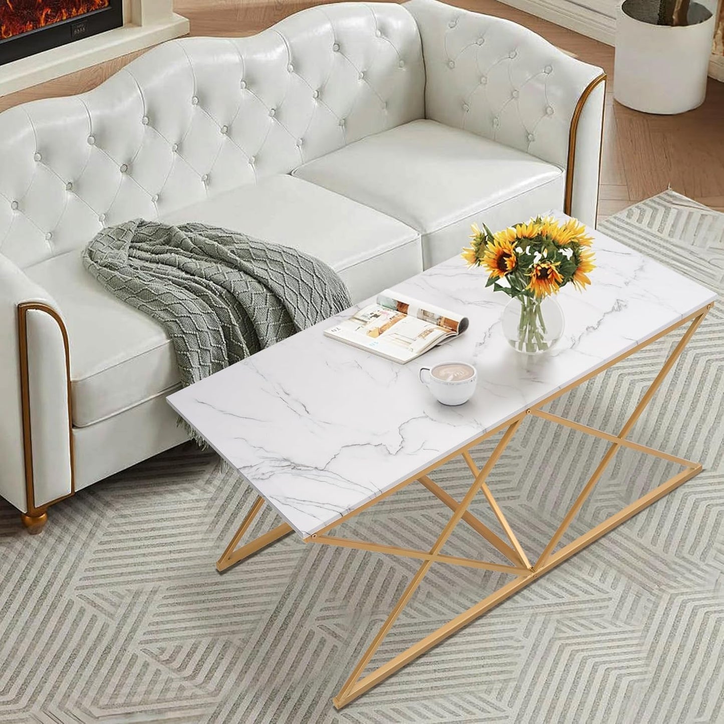 Modern Nesting Coffee Table Set of 3, Faux Marble Top with Golden Frame, Coffee Table with 2 Square End Side Tables, Perfect for Living Room, Apartment, Office