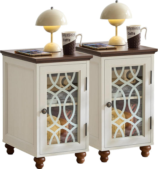 Narrow Side Table Set of 2 with Glass Door, 18 X 14'' Night Stand with Adjustable Shelf Storage Cabinet Organizer, Bedside End Tables Wood Nightstand for Small Spaces Living Room Bedroom