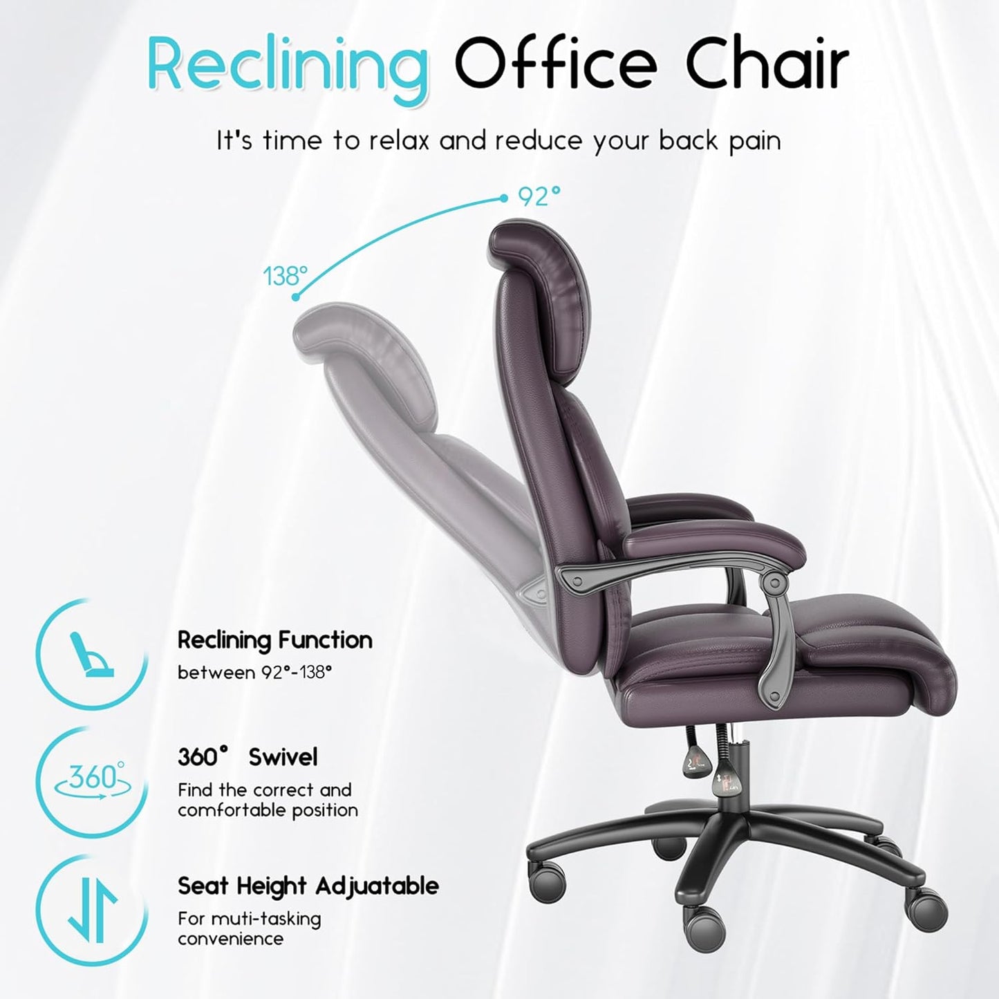 Reclining Office Chair, Executive Big and Tall Office Chair with Wide Seat, Recliner Leather High Back Computer Desk Chairs