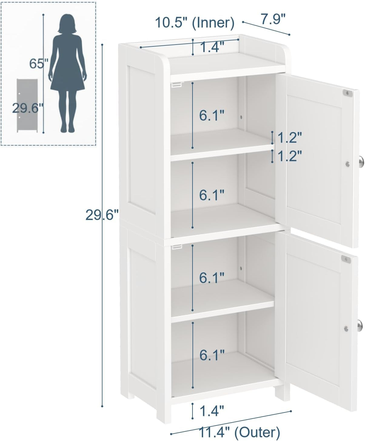 Small Bathroom Storage Cabinet, 30" Tall Freestanding Corner Floor Cabinet with opposite Doors & 5 Shelves (2 Adjustable), Narrow Toilet Paper Holder Organizer for Small Spaces, White