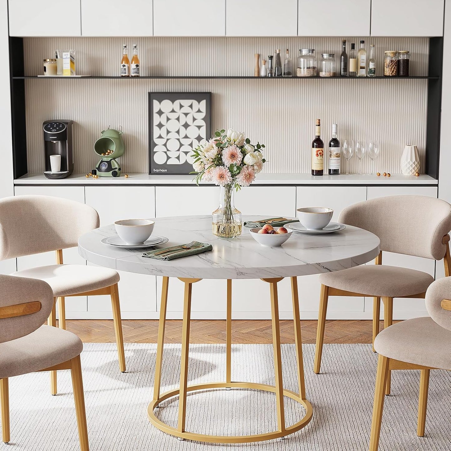 Round Dining Table, 47.24 Inch Kitchen Table for 4-6 People, Wooden Faux Marble Dinner Room Table with Gold Base, Circle Modern Small Table for Home Dining Room Kitchen Restaurant (White)