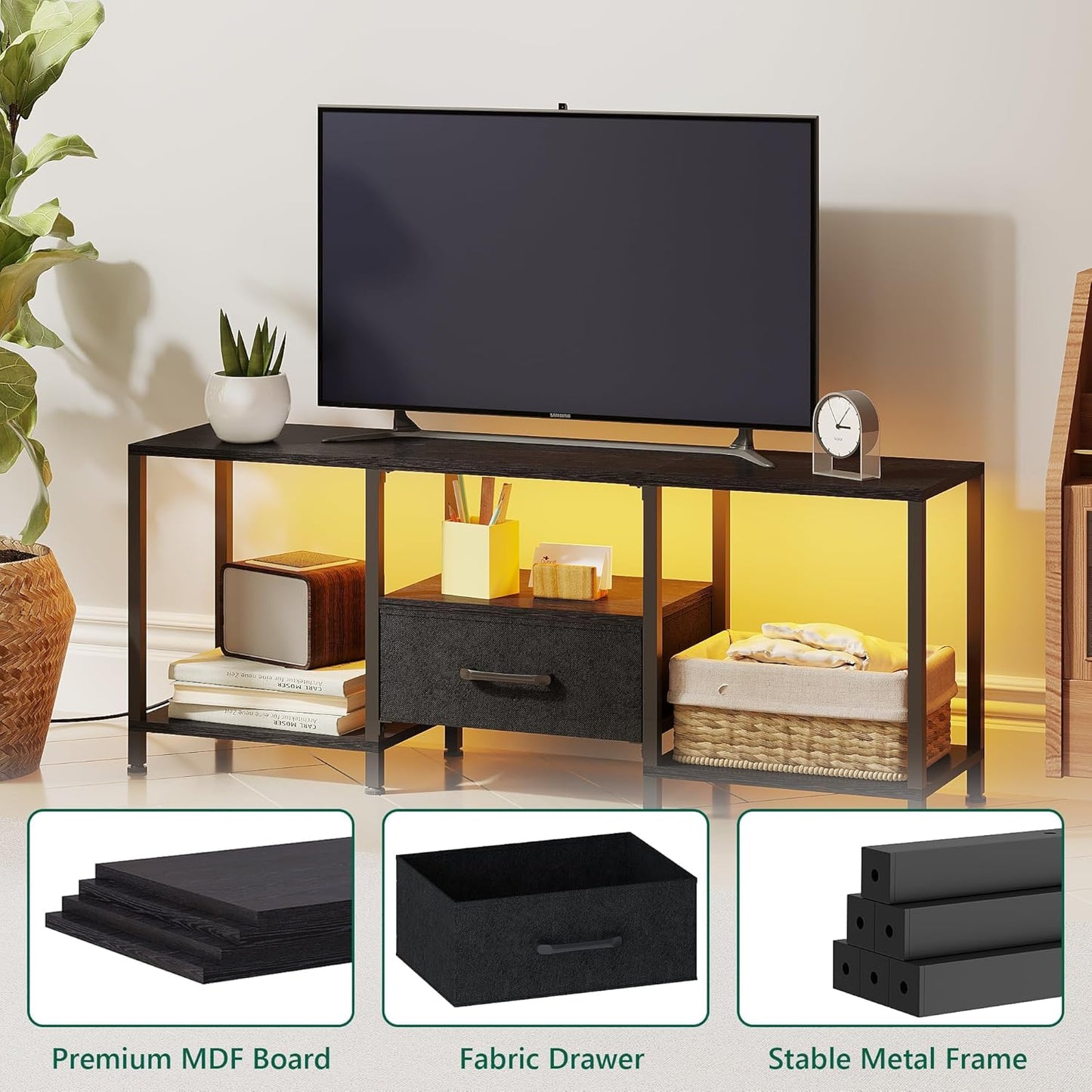 Black TV stand with LED lights, open shelves and fabric drawer, view 7
