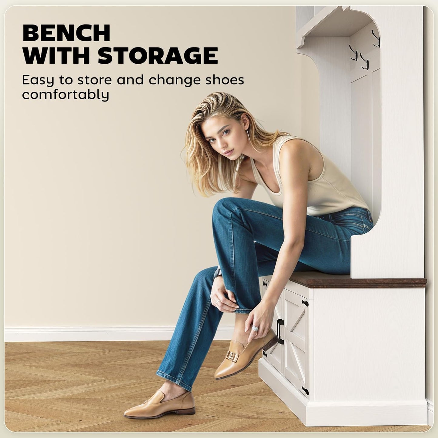 3-In-1 Hall Tree with Shoe Storage, Standing Coat Rack with Shoe Bench, Entryway Furniture with Five Hooks, White Wood Grain
