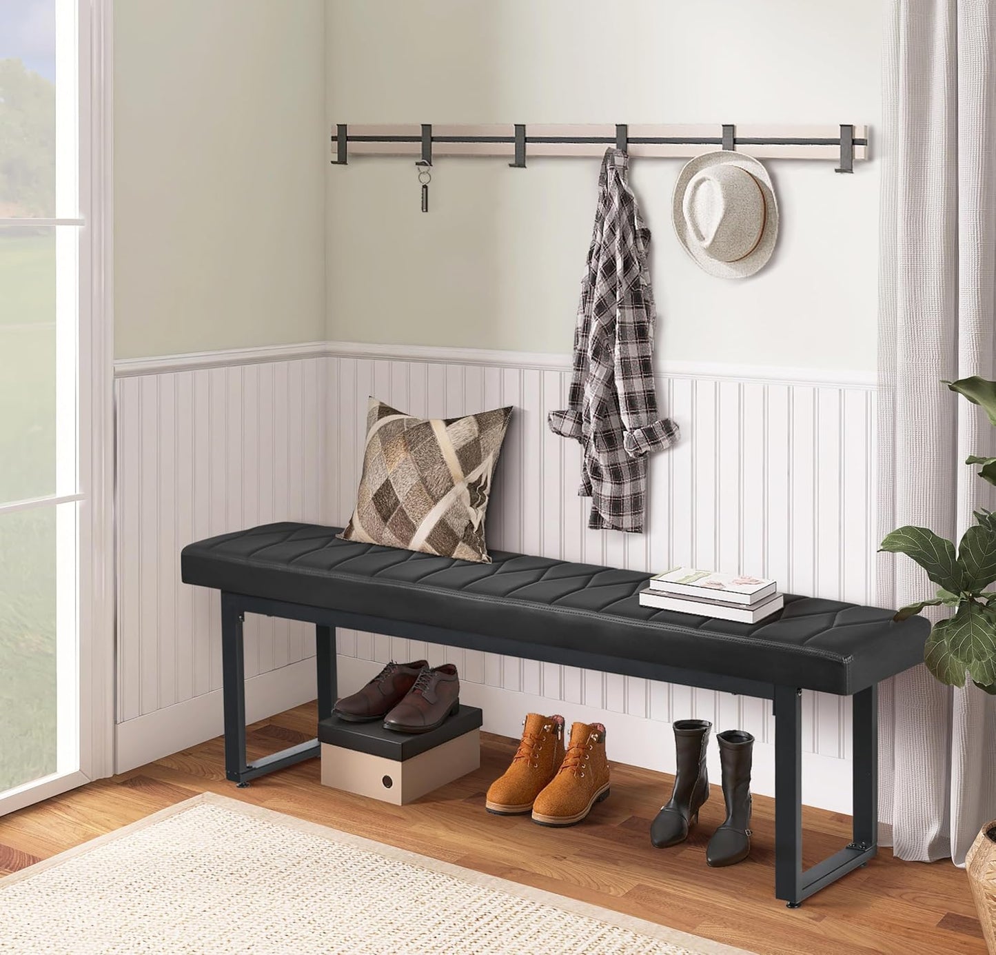 58” Padded Dining Table Bench Pair of 2 for 6-8 Person, Faux Leather Indoor Cushioned Extra Long Bench for Dining Room Table, Bedside Shoe Entryway Benches (Black, 58")