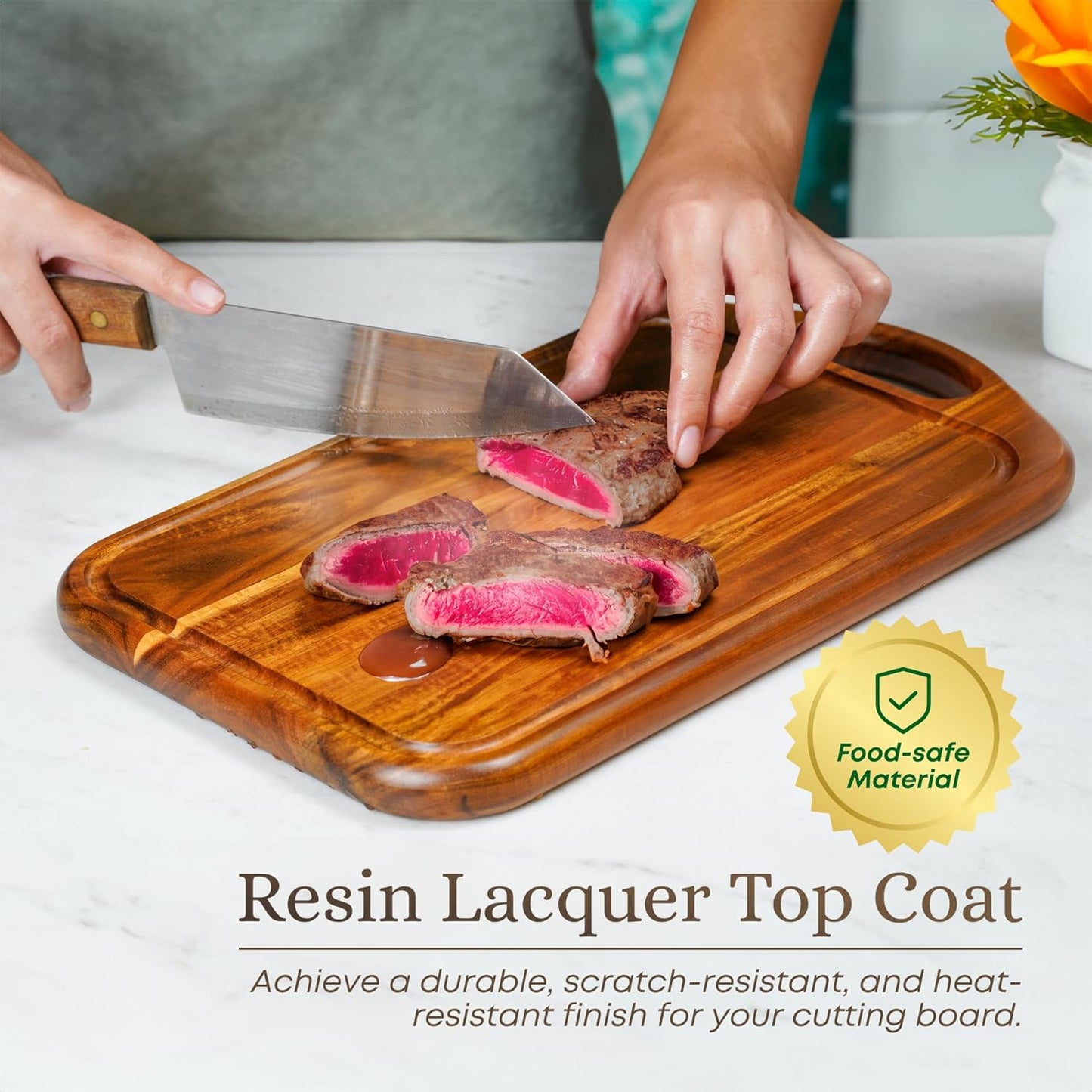 Acacia Wood Cutting Board with Juice Groove, Hanging Hole & Grip Handle for Meat, Vegetables and Cheese, Knife Friendly, Caperci Better Wood Chopping Board