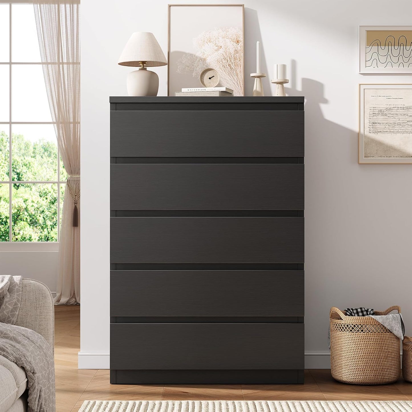 Black 5 Drawer Dresser for Bedroom, 15" D X 23.7" W X 40.4" H in Modern Chest of Drawers, Wood Storage Dresser with Handleless Drawers for Kids Bedroom, Living Room, Hallway, Entryway