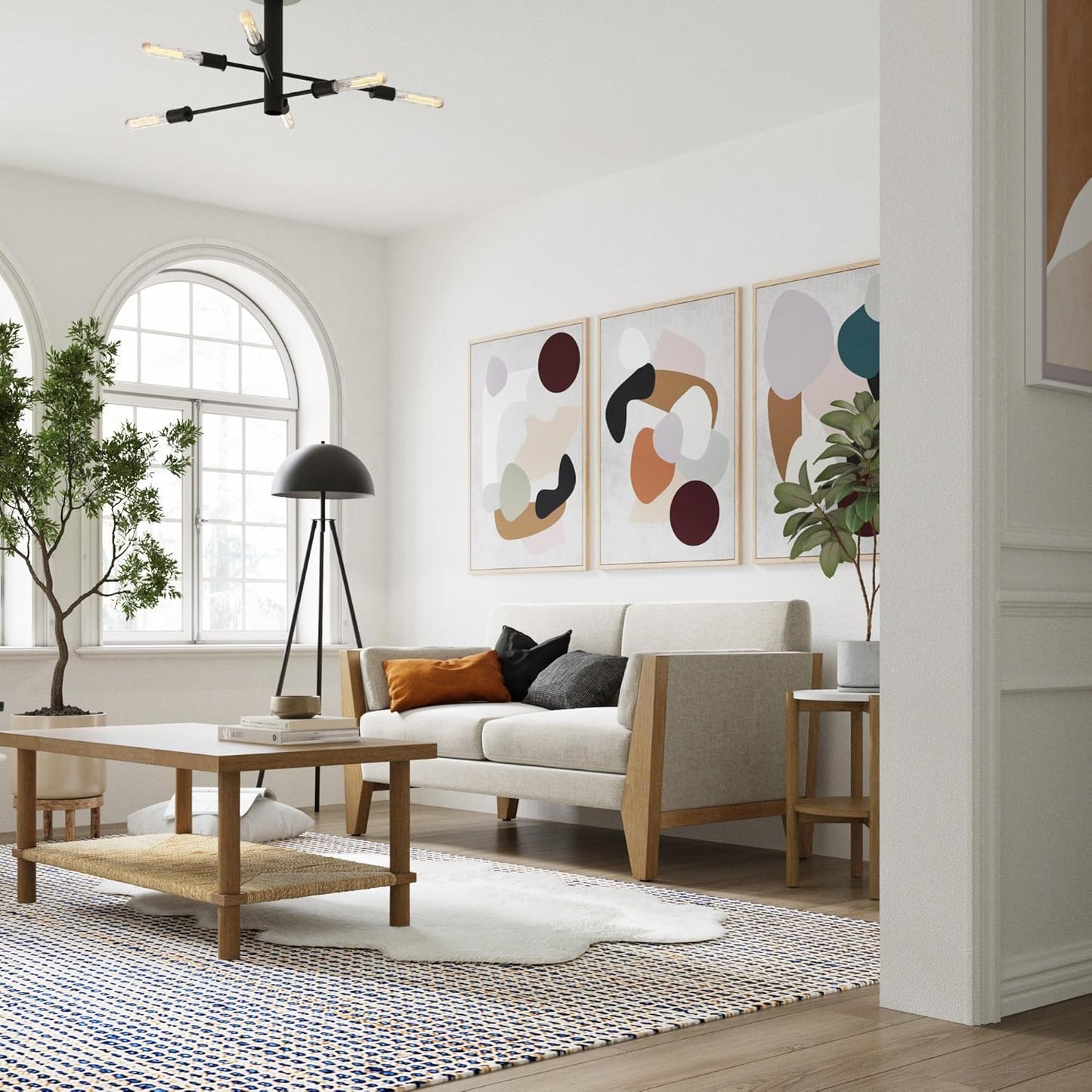 Zion 2-Seater Modern Farmhouse Sofa with Linen Upholstery and Solid Wood Arms, Sand/Light Brown Wood