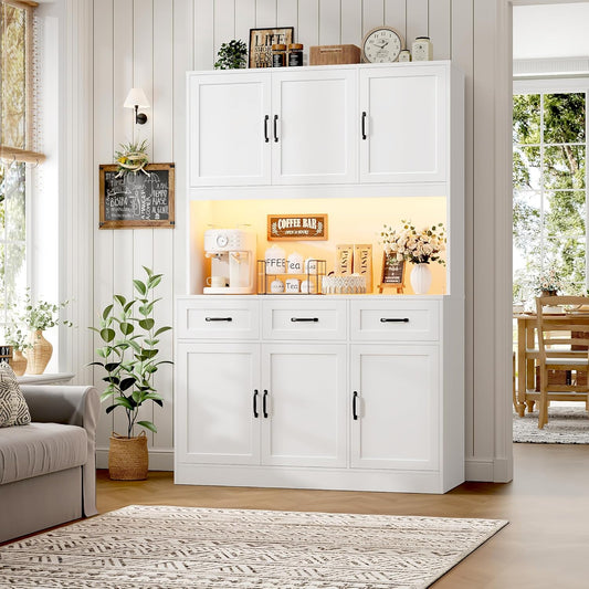 72" Tall Kitchen Pantry Cabinet with Charging Station | LED Lights, 47" W Kitchen Pantry Storage Cabinet with Countertop, Modern Kitchens Hutch Cabinets with Storage for Dining Room, White