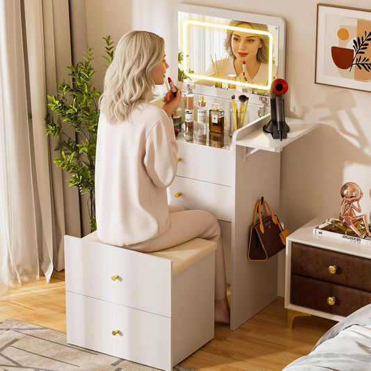 Makeup Vanity Desk with Mirror and Lights, Small 3 in 1 Vanity Table with Visible Glass Top, Flip Top & 3 Drawers, Compact Dresser with Storage Stool for Bedroom, Office or Nightstand