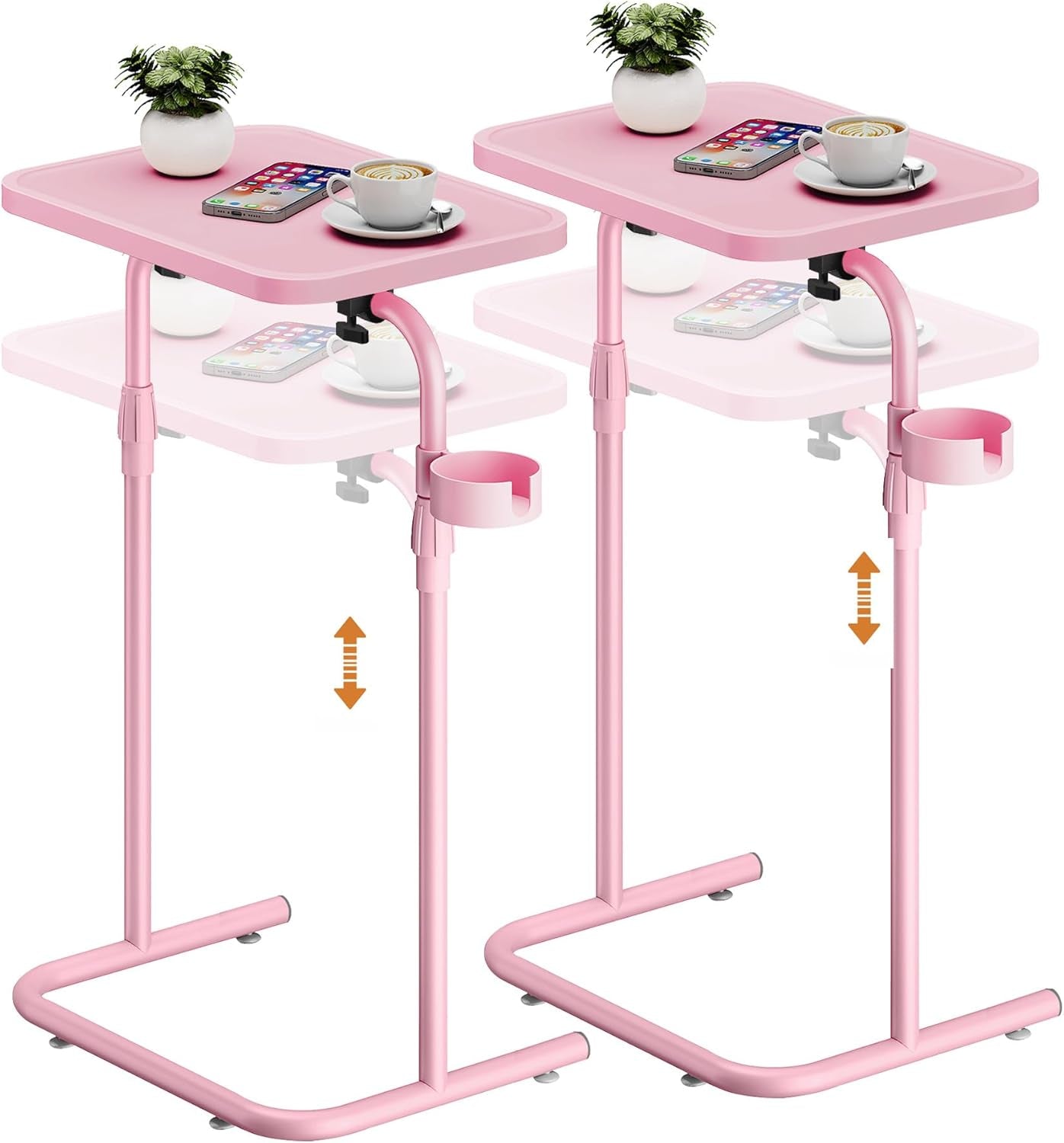 C Shaped End Table with Tiltable Surface, Set of 2, Adjustable Height Side Table, Slide under Couch Table TV Tray for Eating, Sofa Tray for Livingroom, Bedroom Pink TB01BP0912