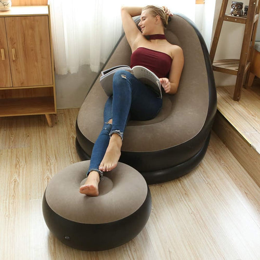 Inflatable Lounge Chair for Adults, Folding Portable Lazy Sofa with Foot Stool Lazy Flocking Recliner Chair Air Couch Sofa for Indoor Outdoor Travel Camping(No Pump)