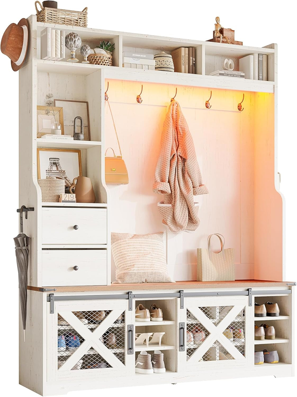7-In-1 Farmhouse Hall Tree with Bench and Shoe Cabinet, LED Entryway Organizer with 2 Drawers, 12 Shoe Cubbies & Barn Doors, 7 Coat Racks with Shoe Storage, Rustic White