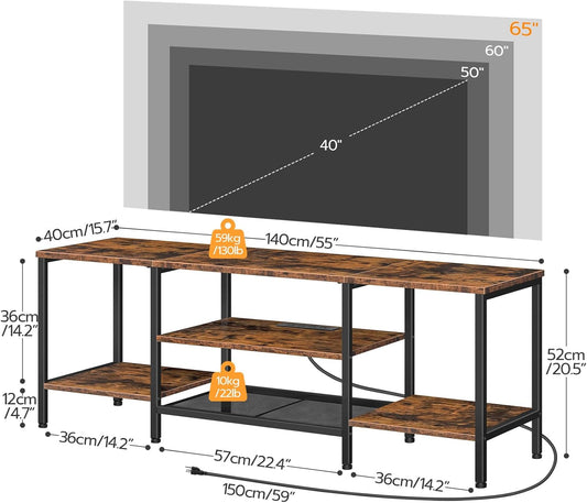 TV Stand with Power Outlets to 65 Inches, TV Console Table with Open Storage Shelves, Industrial Media Entertainment Center for Living Room Bedroom, Rustic Brown and Black BF40DS01