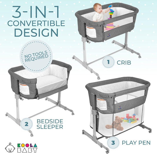 3 in 1 Baby Bassinet, Bedside Sleeper, & Playpen, Easy Folding Portable Crib (Grey)- Koolababy (Bassinet)