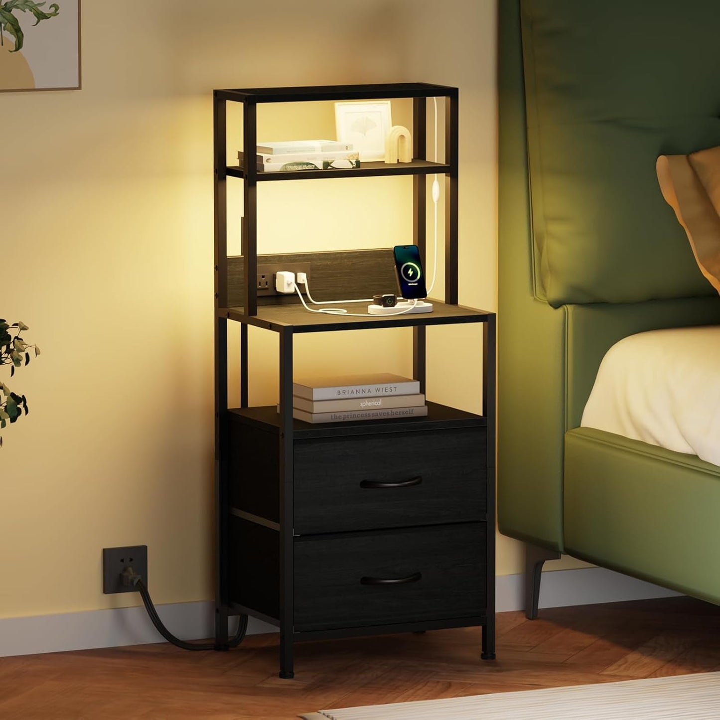Night Stand, Tall Nightstand with 4-Tier Shelves, 2 Fabric Drawers and Light Tube, Bed Side Tables with Charging Station, Bedside Table for Bedroom, Office, Black Oak