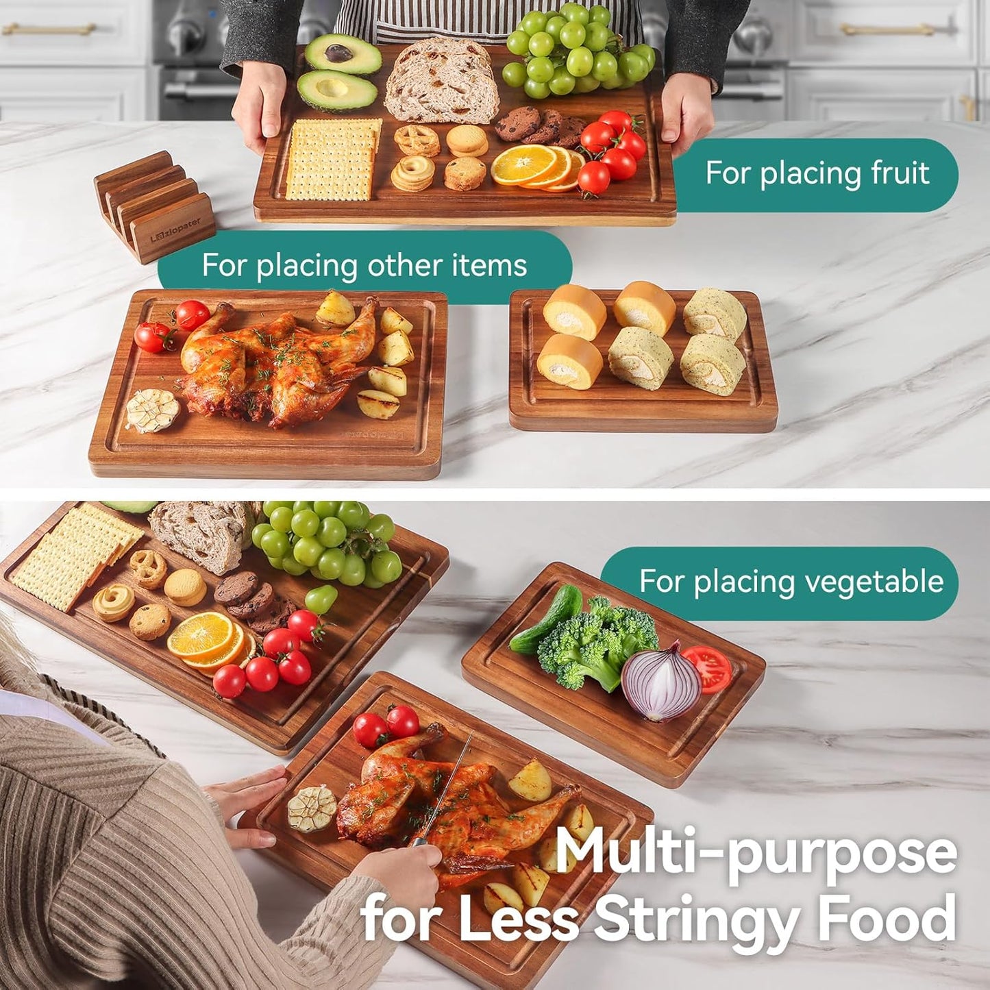 Acacia Wood Cutting Board,Solid Wood Cutting Board for Kitchen with Holder with Deep Juice Grooves & Built-In Handles, Durable Wooden Chopping Board Set of 3 for Meat, Vegetables and Fruits