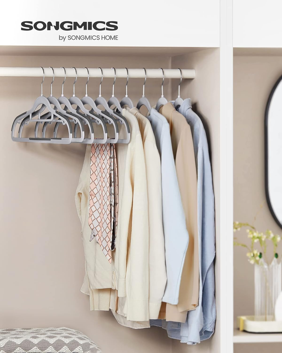 Plastic Hangers and Rubber Coated Wooden Hangers Bundle, Pack of 30 Hangers with Non-Slip Design, 20-Pack Clothes Wood Hangers, Gray, Silver and Black UCRP20G30 and UCRW011B02