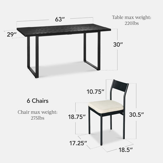 7-Piece Modern Dining Room Set, Kitchen Table Set, Dining Table W/ 6 Chairs, Upholstered Cushions, Solid Metal Frame, Curved Backrest - Black/Ivory