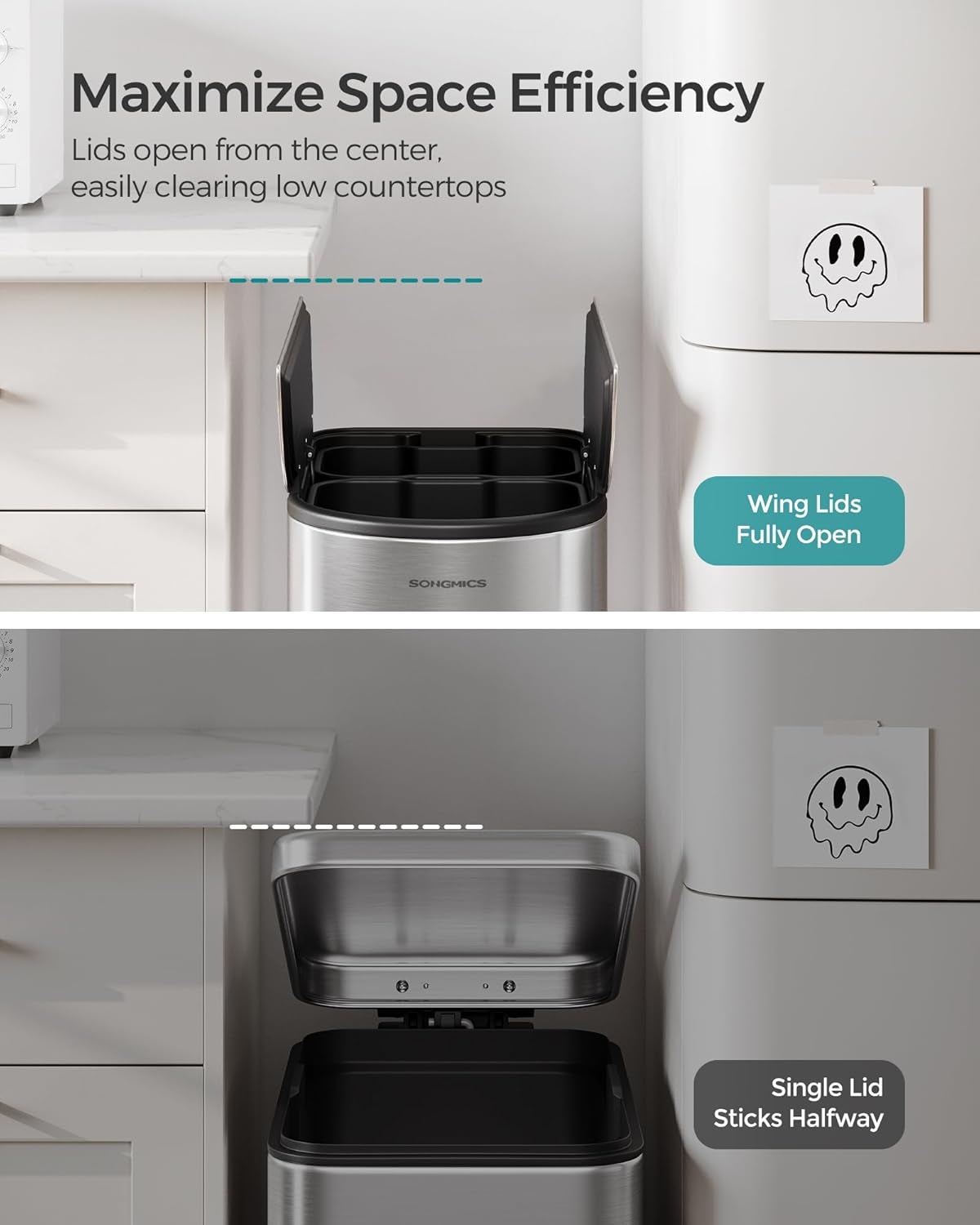 13-Gallon Dual Kitchen Trash Can, 5.3 and 8 Gallon Compartments, Garbage Can with Wing Lids, Stainless Steel, Soft Close, Inner Buckets, Metallic Silver ULTB570E50