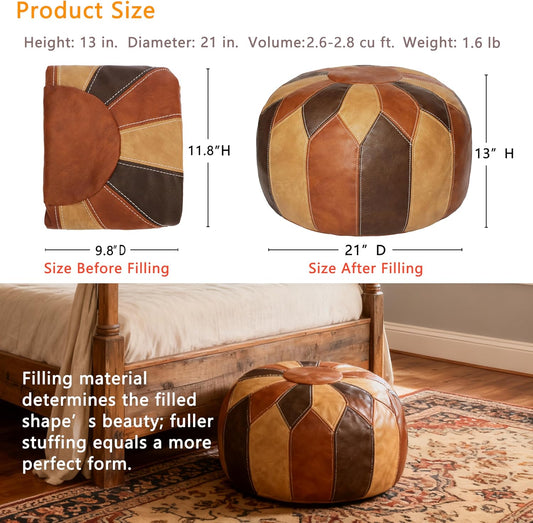 Unstuffed Moroccan Faux Leather Pouf Ottoman with Storage - Handmade Boho Chic Multi-Use Footrest for Living Room, Bedroom, Patio - round Ethnic Floor Cushion & Decorative Accent, Tricolor