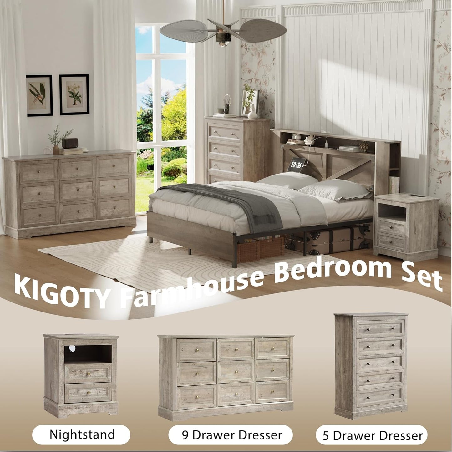 Dresser Bedroom Set of 4, 4 PCS Farmhouse Dressers Set, Included 53 Inch 9 Drawer Dresser, 5 Drawer Dresser and Nightstand Set of 2 with Charging Station,Bedroom Furniture Set (Gray)