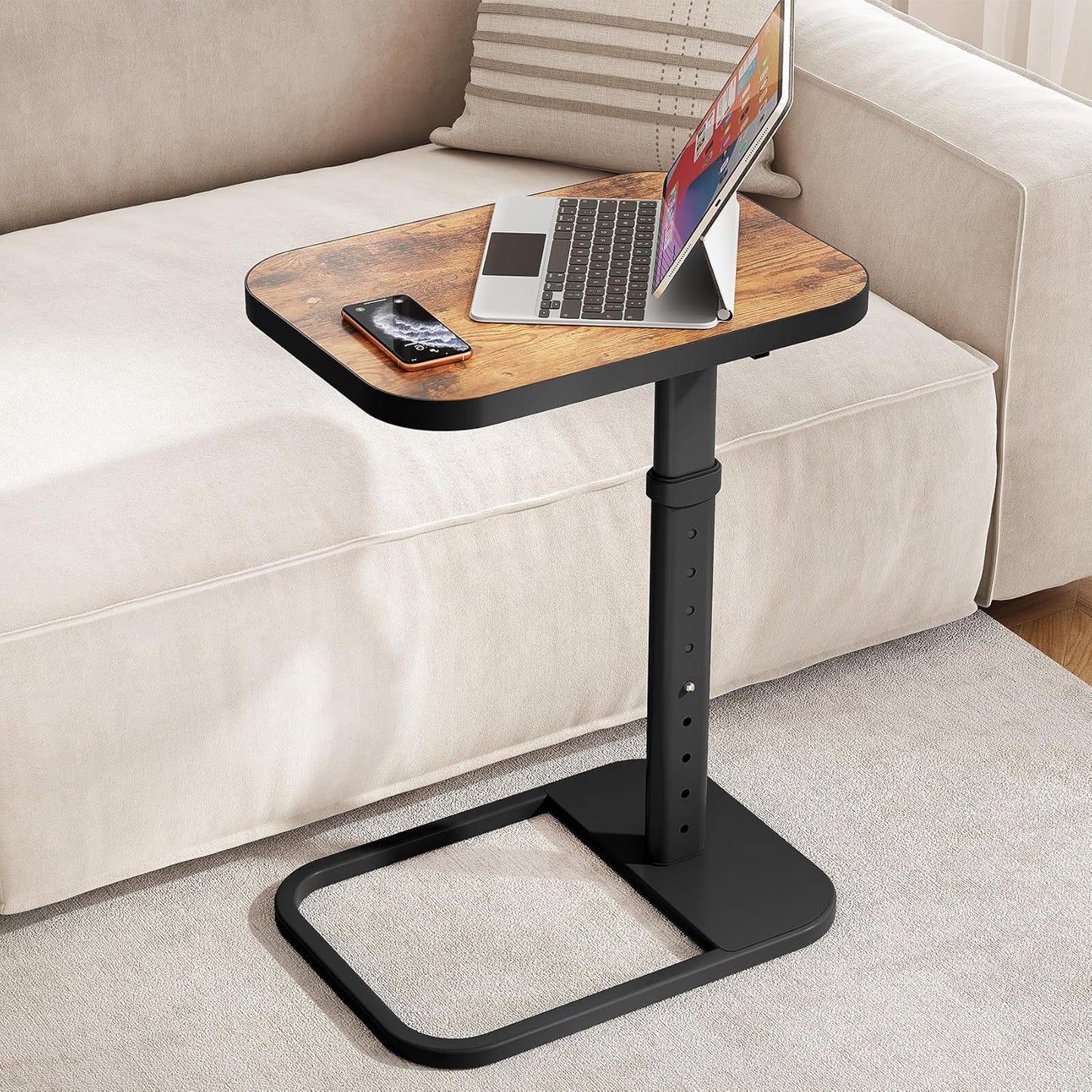 TV Tray Table, Adjustable Height & Flip-Top & Rounded Metal Corners, Snack Table for Couch, Sofa, Bed, Chair, Living Room, C Shaped End Side Table for Eating, Dinner or Laptop, Small Spaces