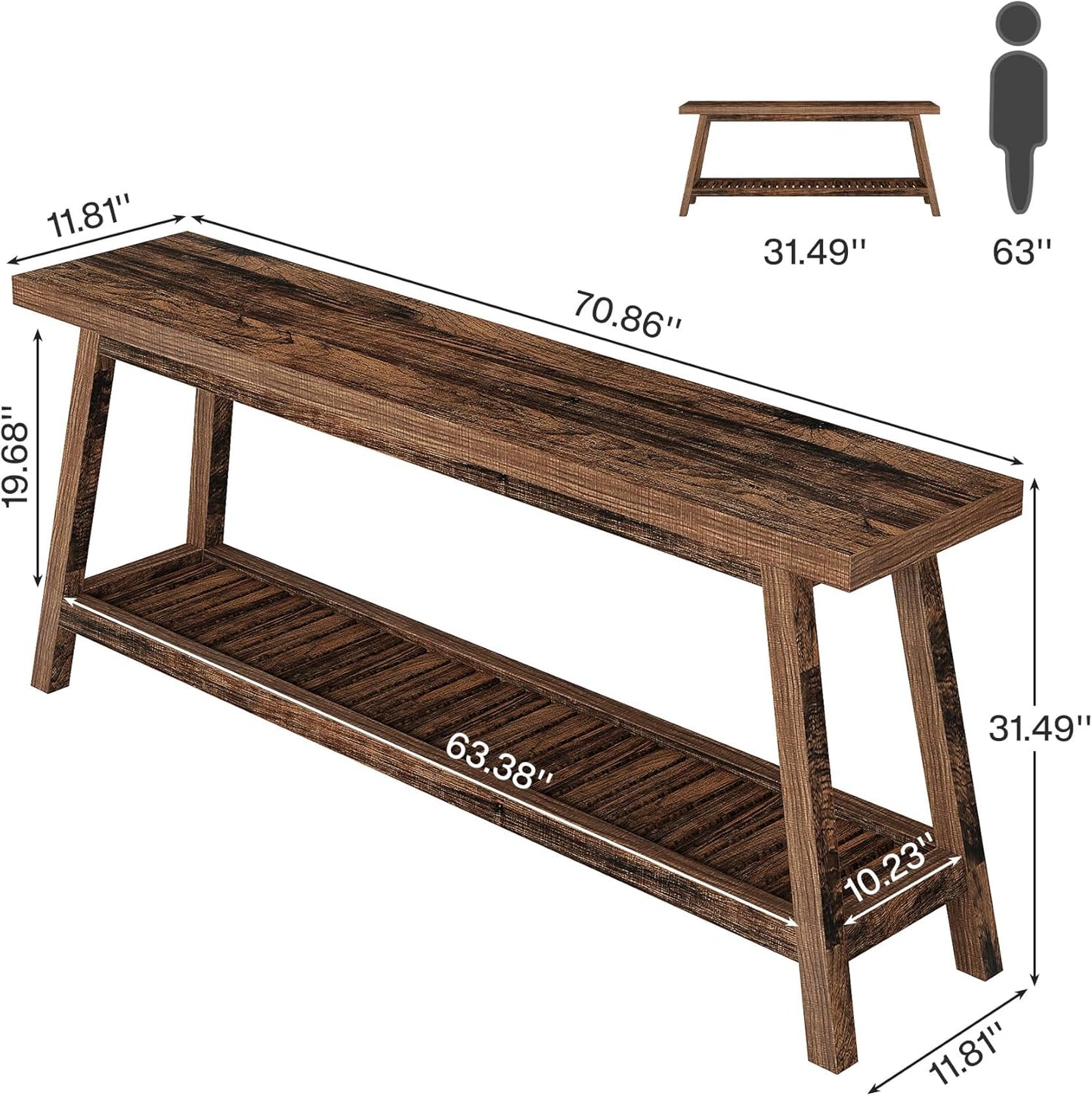70.86-Inch Console Table for Entyrway, Farmhouse 2-Tier Entry Entrance Table, Narrow Long Sofa Table behind Couch, Rustic Brown