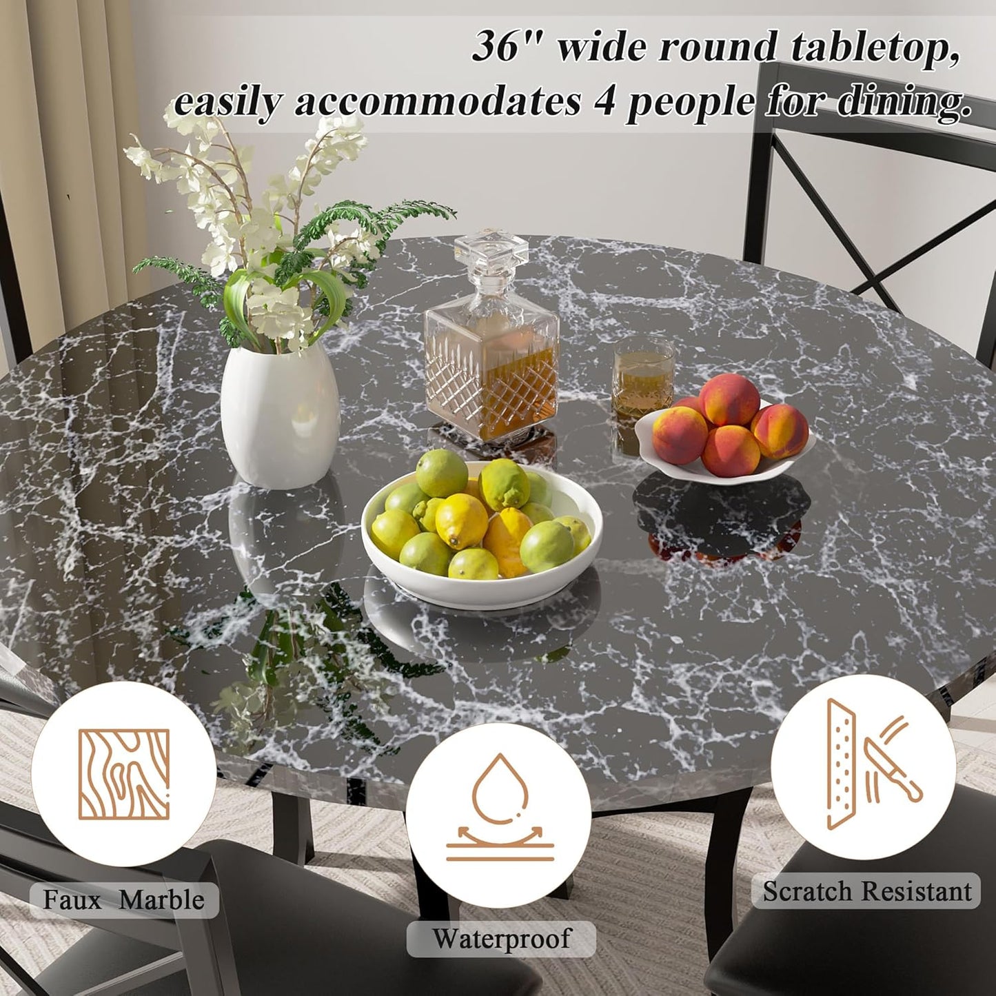 5 Piece Dining Table Set for 4, Faux Marble Dinette with Chairs for Kitchen, Breakfast Nook, Small Space, Black