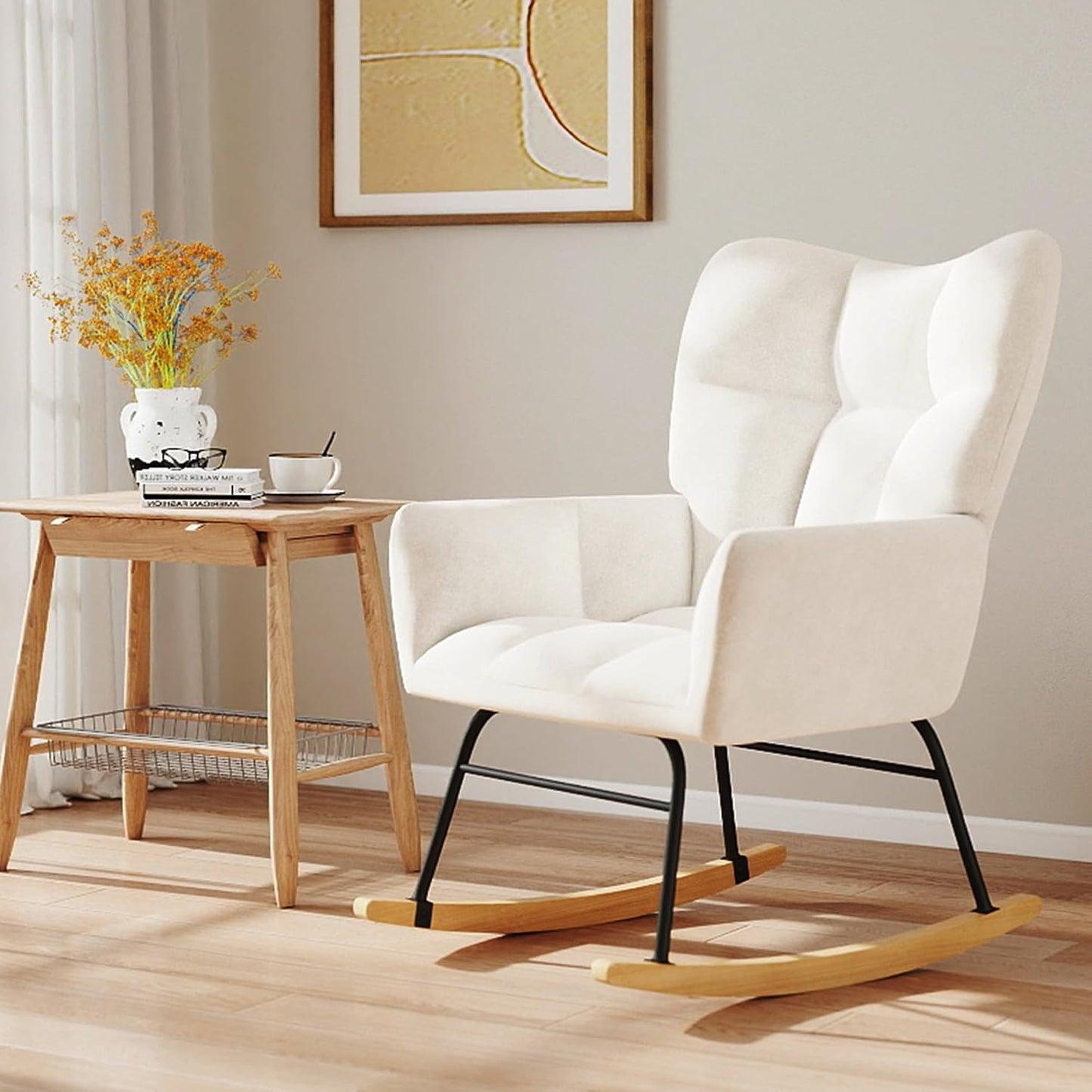 Nursery Rocking Chair, Rocking Chairs for Nursery, Baby Rocker Chair, Glider Rocker, Anti-Tip Safety Design, 440 Lb Weight Capacity, Cotton Fabric Cover, White