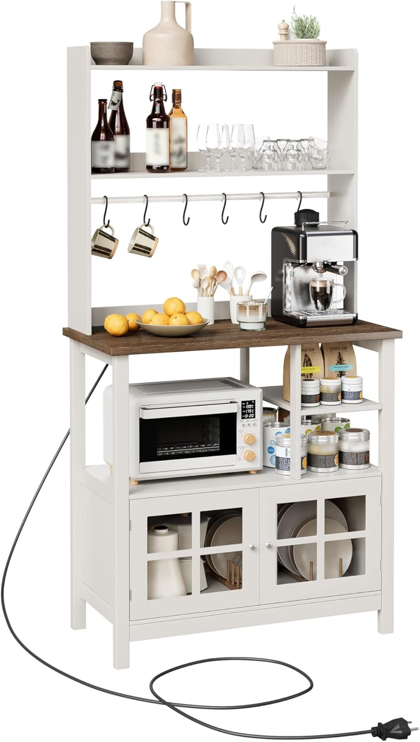 Farmhouse Bakers Rack with Power Outlets and Storage, Coffee Bar Cabinet with Storage, Microwave Stand Kitchen Cabinet with Hutch and 6 Hooks, Soft White & Brown