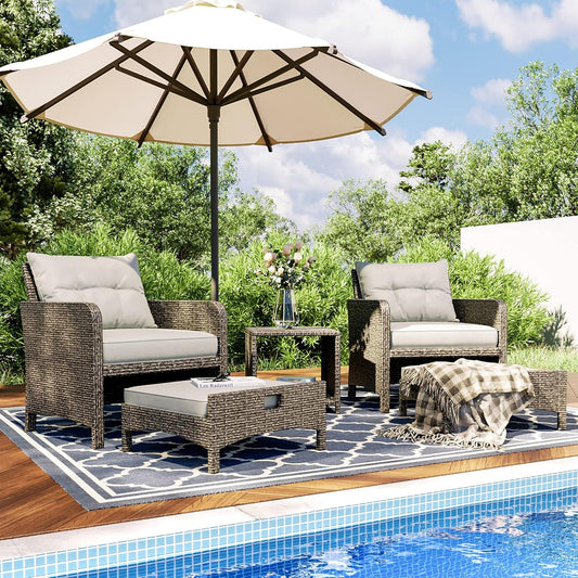Outdoor Furniture 5 Piece Patio Conversation Set, Wicker Rattan Patio Set with Soft Cushions & Coffee Table, Balcony Furniturefor with 2 Ottoman for Porch, Garden, Lawn (Grey)