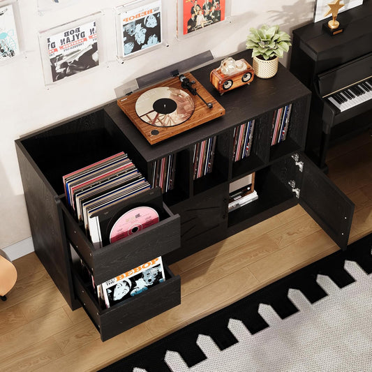 Record Player Stand, Vinyl Record Player Table with Storage Cabinet and Drawers, Mid Century Modern Turntable Stand Holds up to 600+ Albums for Living Room, Music Room, Black