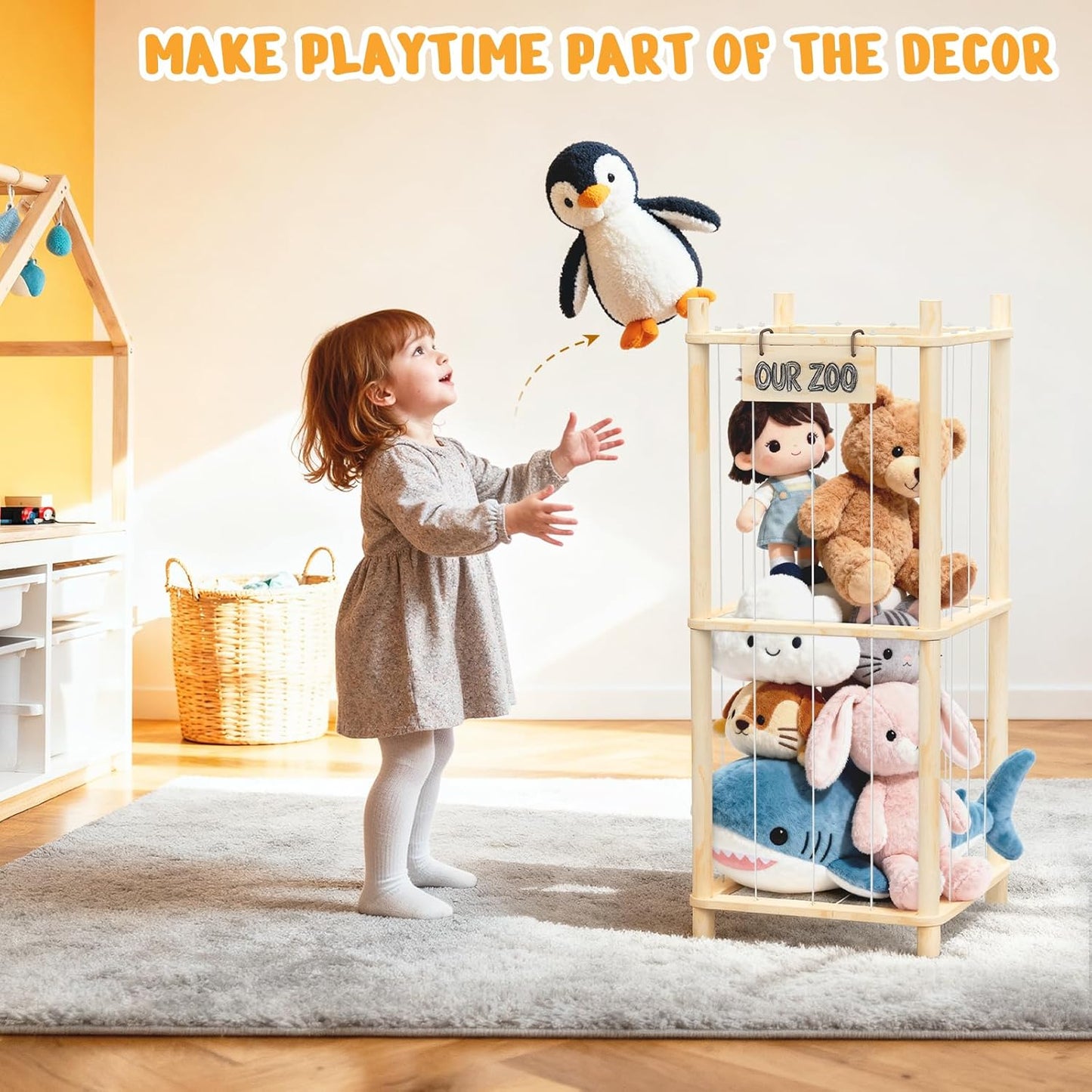 Stuffed Animal Storage Zoo Organizer – Wooden Toy Holder for Toddlers, Cute Plush Toy Cage for Kids’ Room, Playroom & Bedroom, Space-Saving Nursery Organizer with Personalized Nameplate