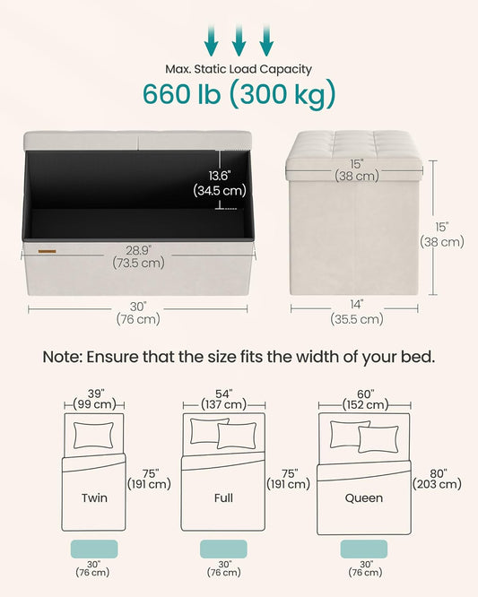 Mazie Collection - 30 Inches Storage Ottoman, Foldable Storage Bench with Flipping Lid, 660 Lb Load Capacity, for Entryway, Living Room, Bedroom, Velvet Fabric, Cream White ULSF048LH01