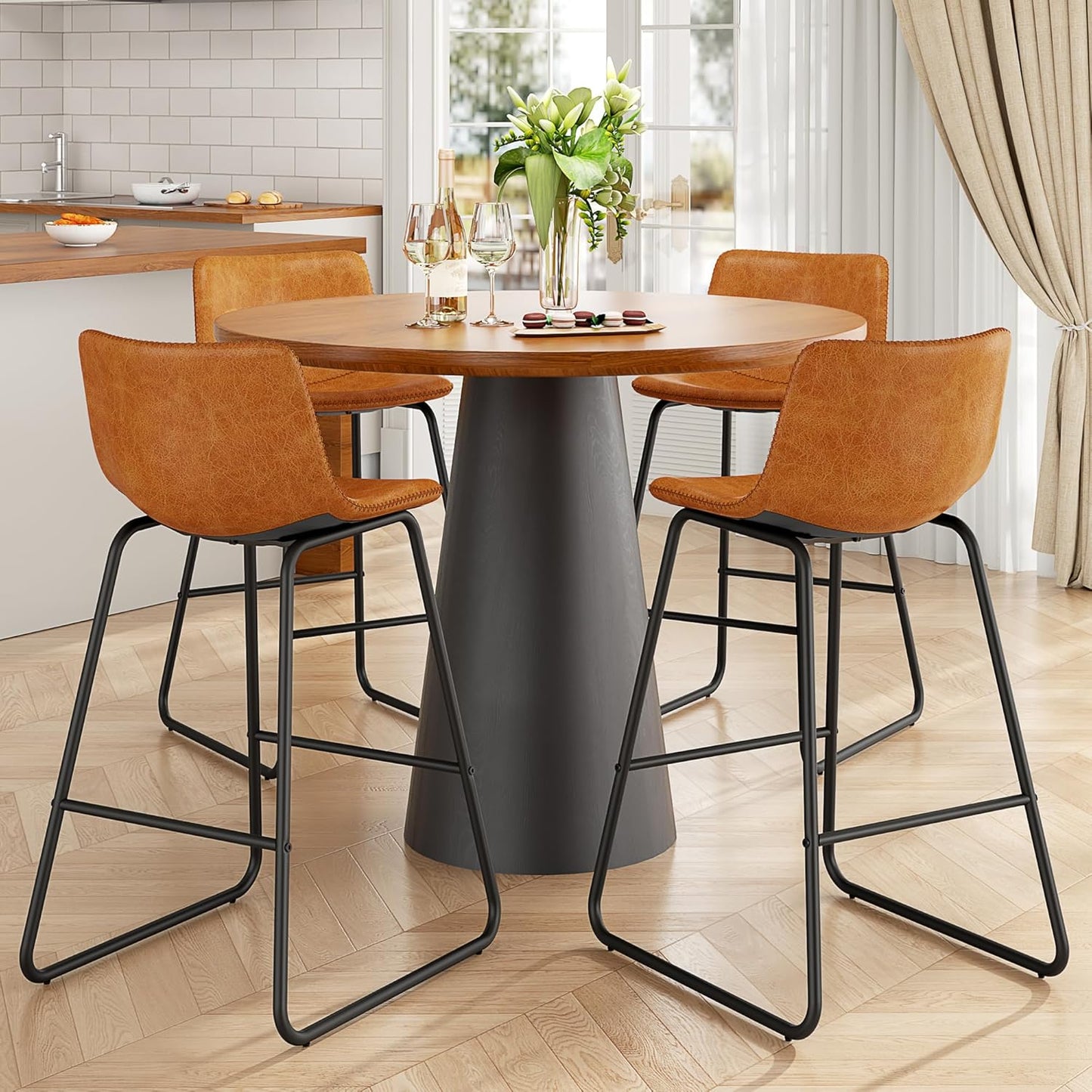 Bar Stools Set of 4, PU Leather Counter Height Bar Stools, 26" Modern Barstools with Metal Legs and Footrest, Urban Armless Dining Chairs with Backrest for Kitchen Island (Brown)