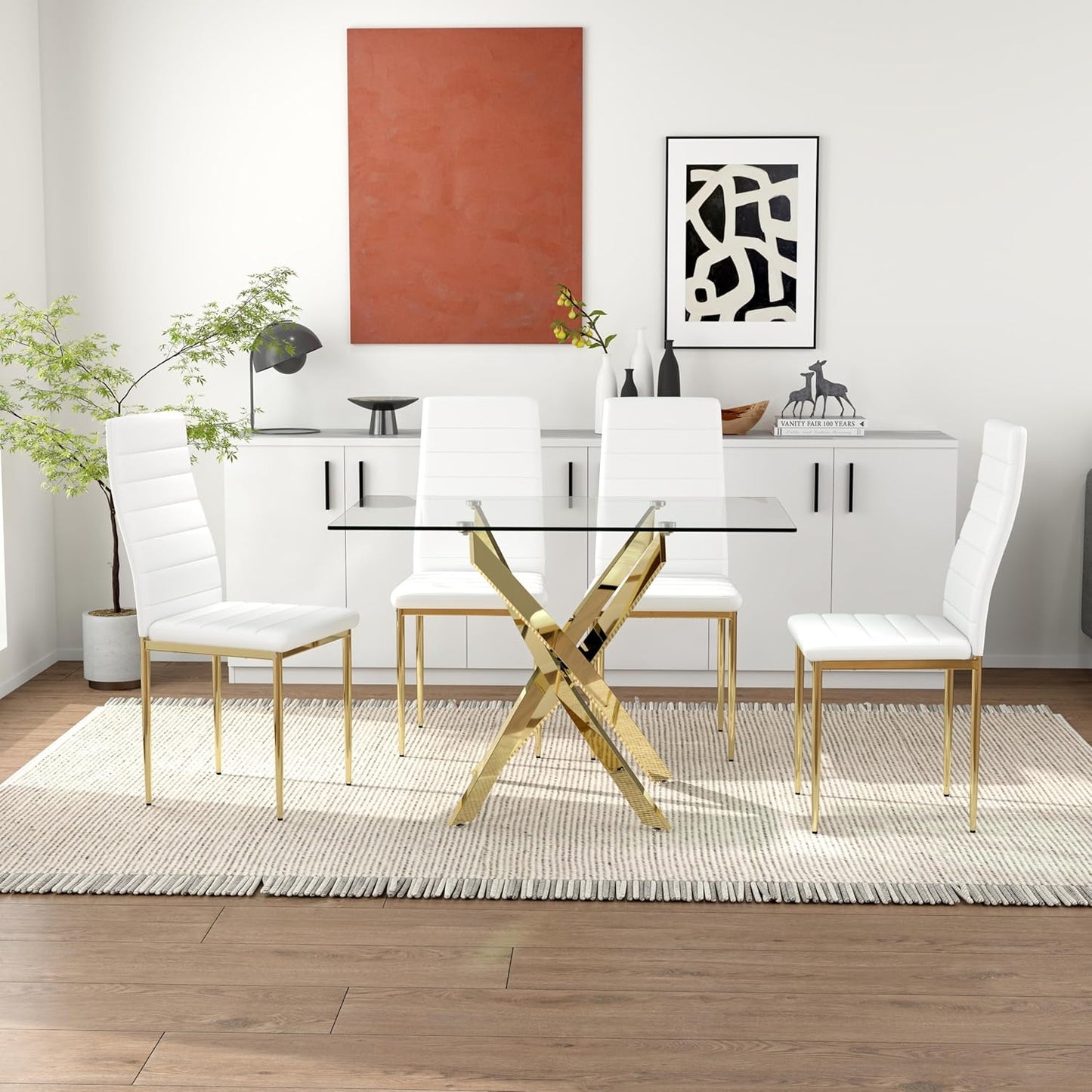 Tempered Glass Dining Table with Chromed Legs, 47" Modern Rectangular Kitchen Table for Dining Room Kitchen,Gold