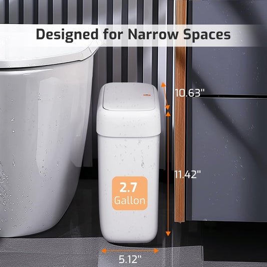 Small Bathroom Trash Can with Lid, 2.6 Gallons / 10 L Slim Plastic Garbage Bin with Pop-Up Lid, Mini Waste Basket Can Dog Proof for Kitchen, Bedroom, Office, Laundry, Toilet, Rv, White