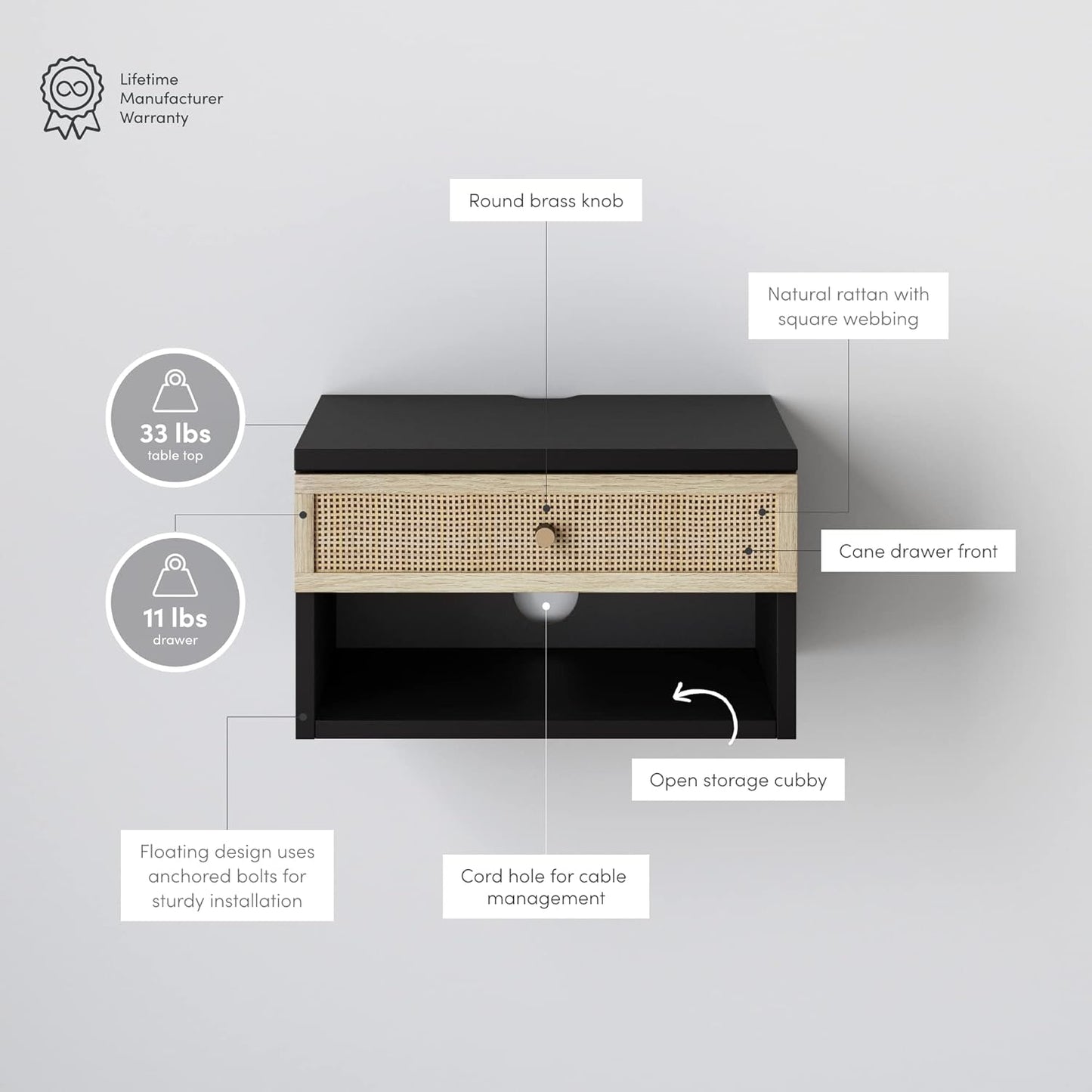 Jackson Wall Mounted Rattan Floating Bedroom Nightstand with Storage Drawer and Modern Open Shelf Cubby, Black/Rattan