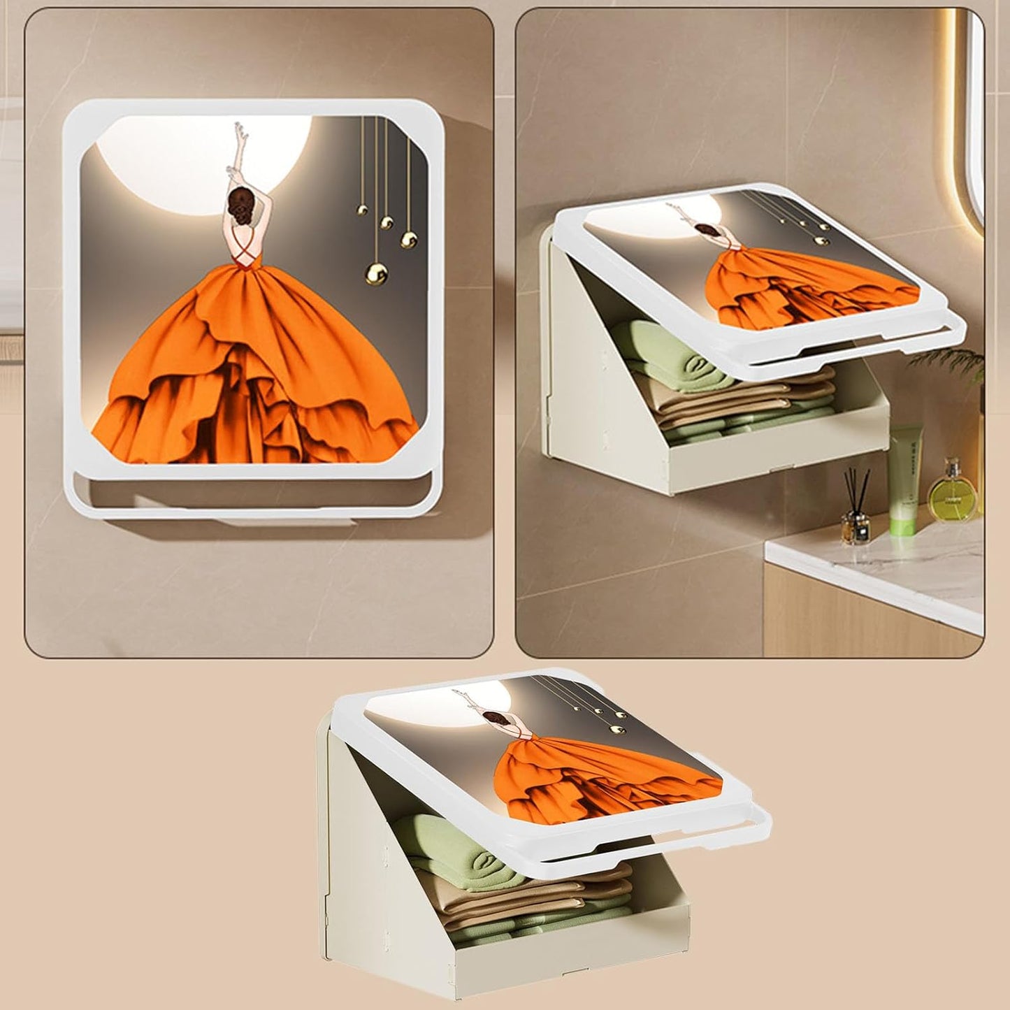 Clothes Folding Storage Box, Bathroom Mural Clothes Folding Storage Box, Waterproof Hanging Storage Organizer, No-Punch Wall Mounted Bathroom Shelves for College Dorm Laundry Kitchen Travel (White)