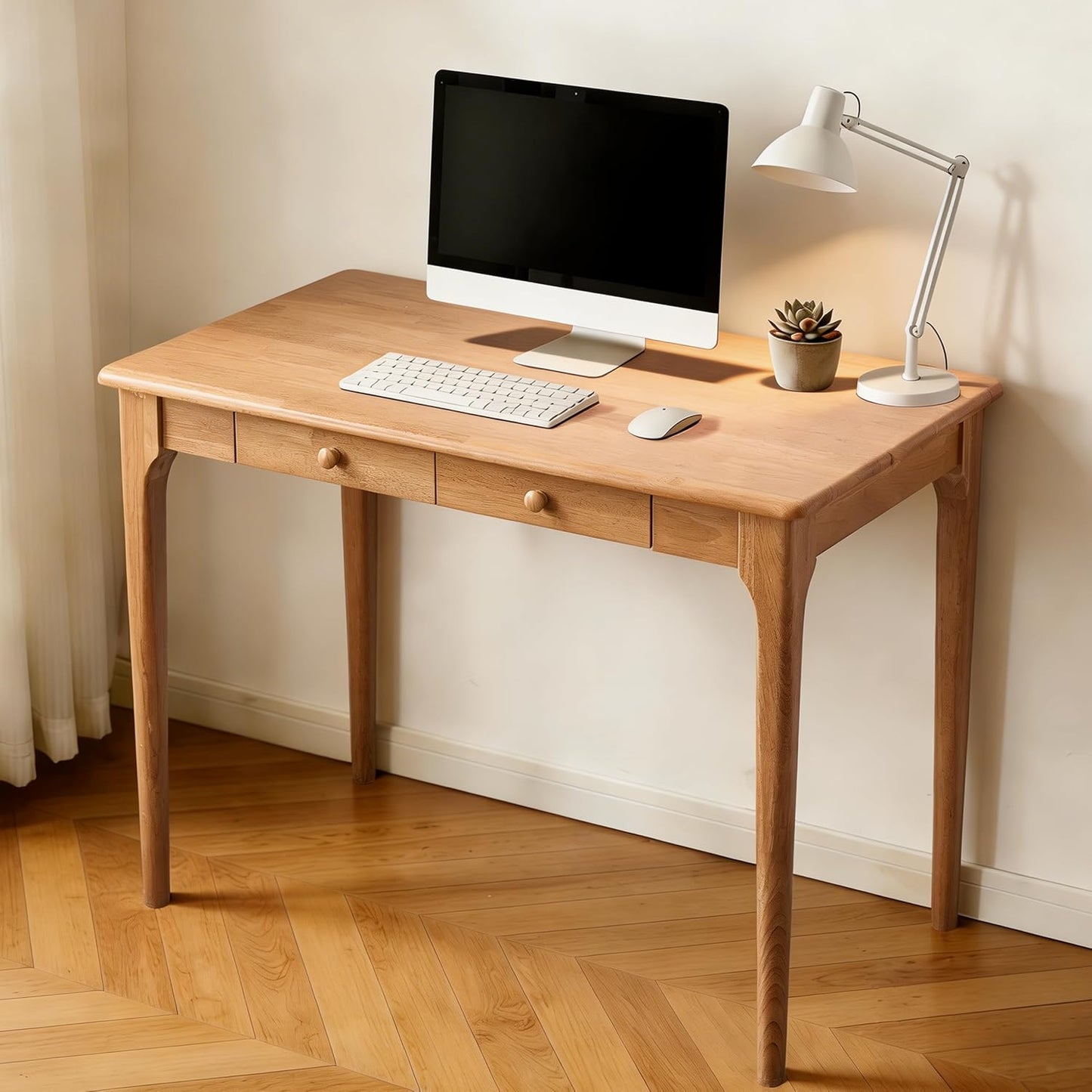 Natural Solid Wood Desk with Drawers,Mid Century Modern Real Wood 47" Writing Desk,Home Bedroom Computer Office Workstation Desks,Small Spaces,Wood Color
