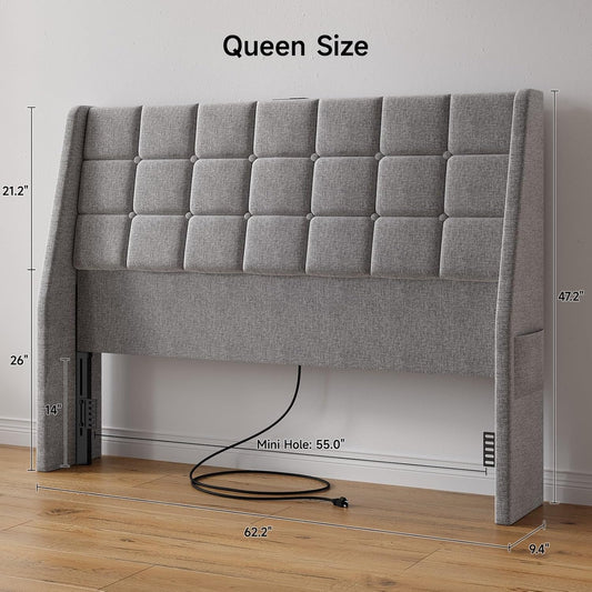 Ergonomic Upholstered Headboard Queen Size W/Charging Station, Linen Wingback Headboards W/Storage Pocket, Queen Headboard Only, Bed Frame Adapters, Sturdy Stable Solid Wood Bed Head Board, Light Grey